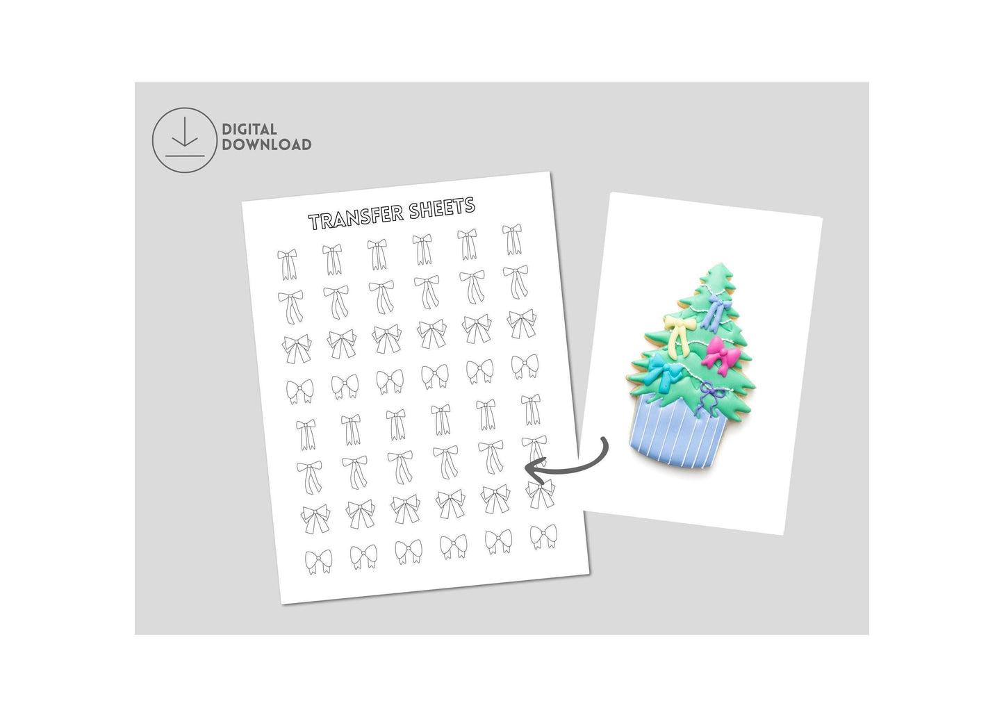 Various bow shaped royal icing transfers next to a decorated Christmas tree cookie.