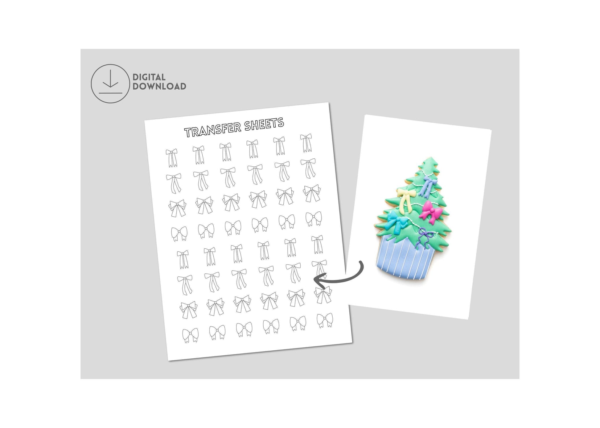Various bow shaped royal icing transfers next to a decorated Christmas tree cookie.