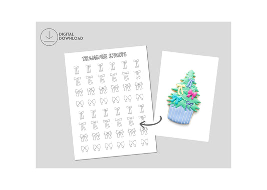 Various bow shaped royal icing transfers next to a decorated Christmas tree cookie.