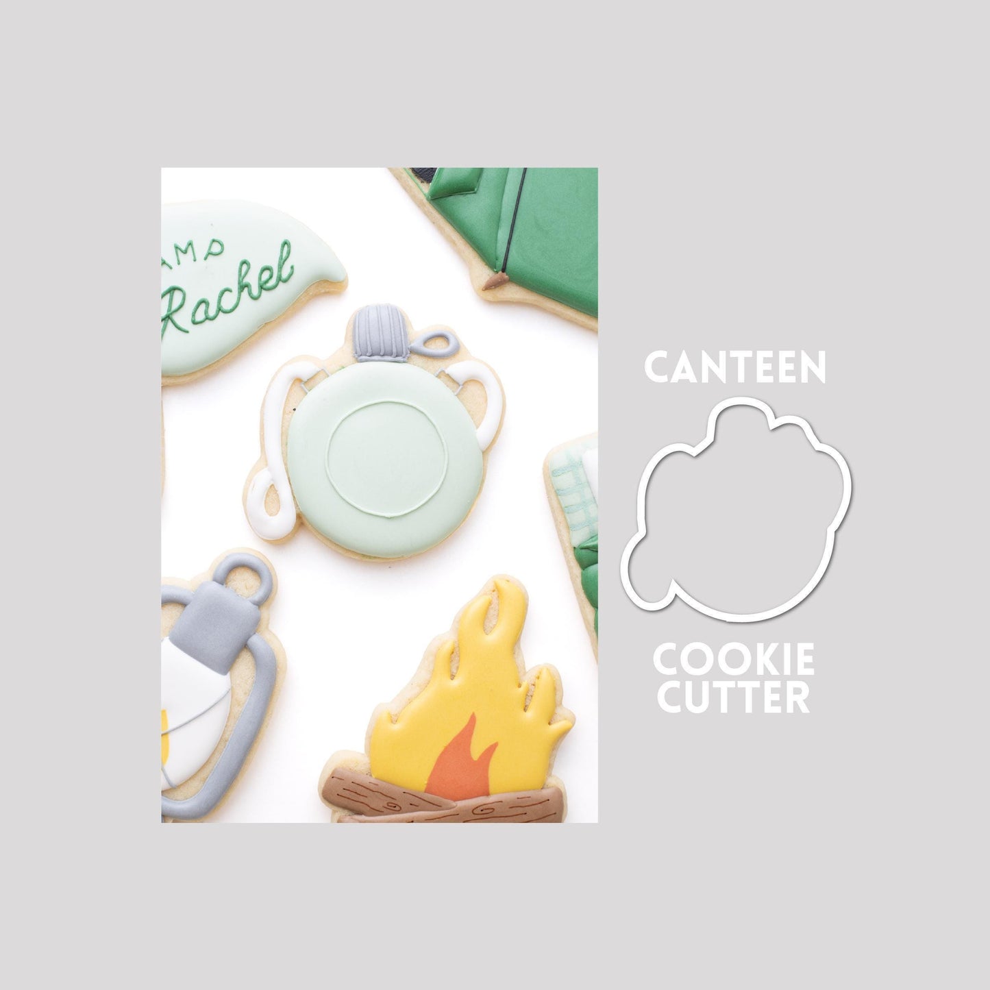 Decorated canteen sugar cookie next to a canteen cookie cutter outline on a gray background.