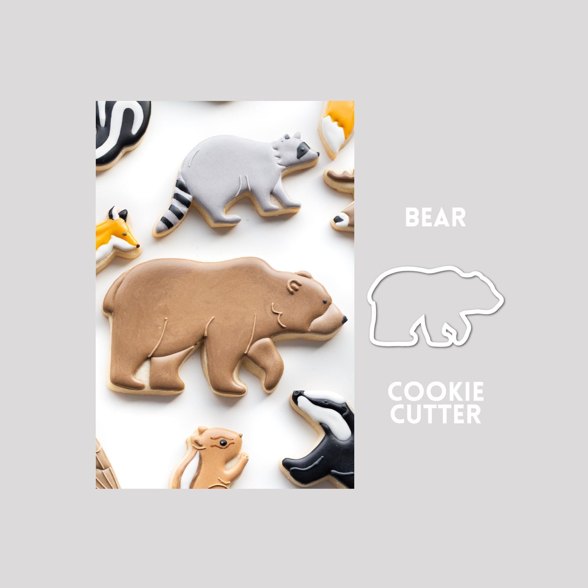 Decorated bear sugar cookie next to a bear cookie cutter outline on a gray background.