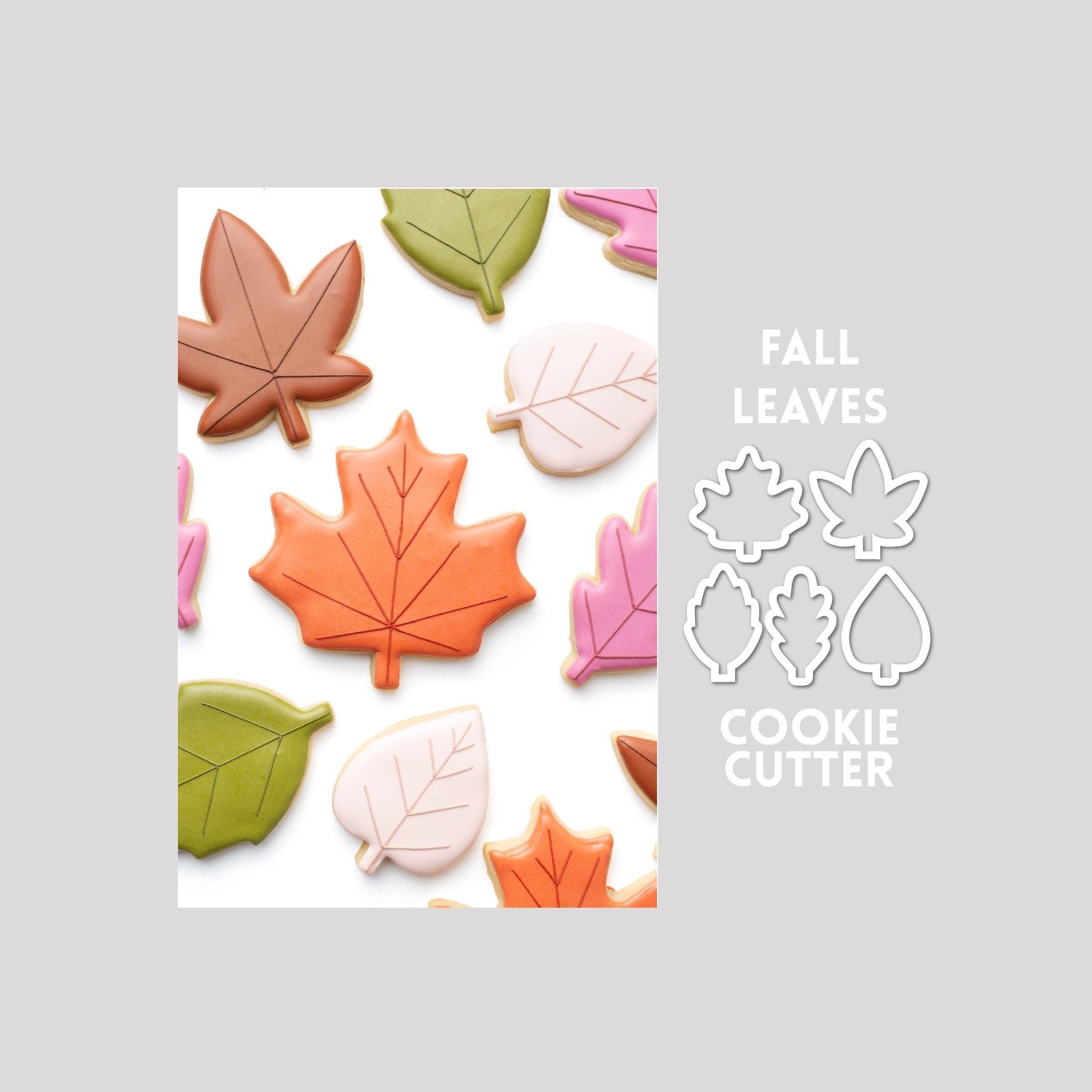 Decorated fall leaves sugar cookie next to fall leaves cookie cutter outlinse on a gray background.