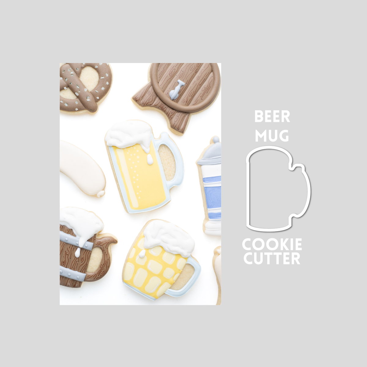Decorated beer mug sugar cookie next to a beer stein cookie cutter outline on a gray background.