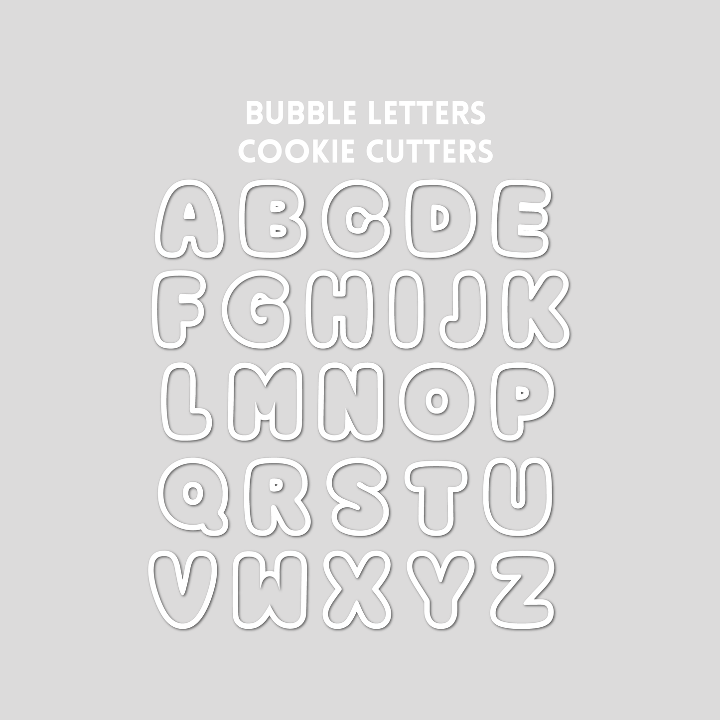 Various bubble letter shaped cookie cutter outlines on a gray background.