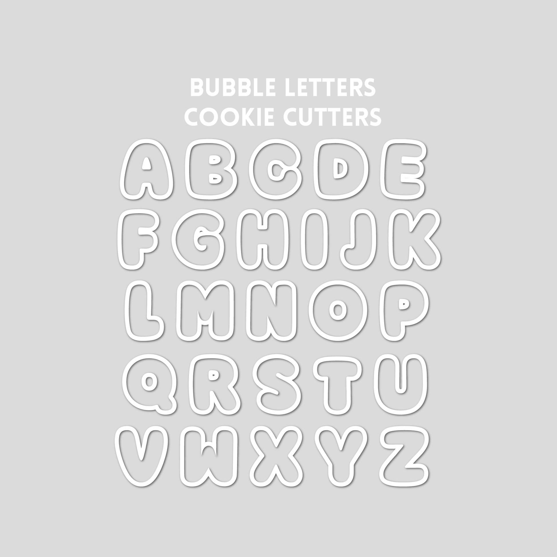 Various bubble letter shaped cookie cutter outlines on a gray background.