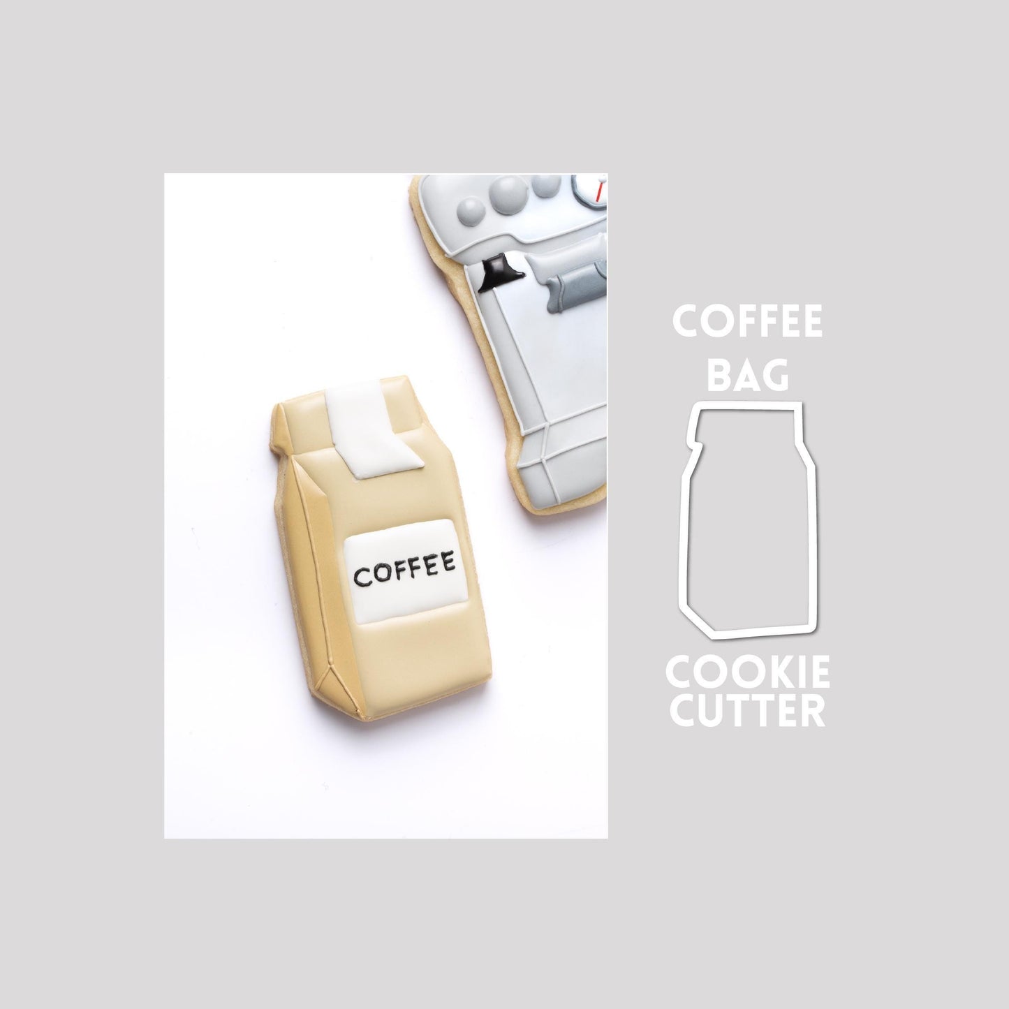 Decorated coffee bag sugar cookie next to a coffee bag cookie cutter outline on a gray background.