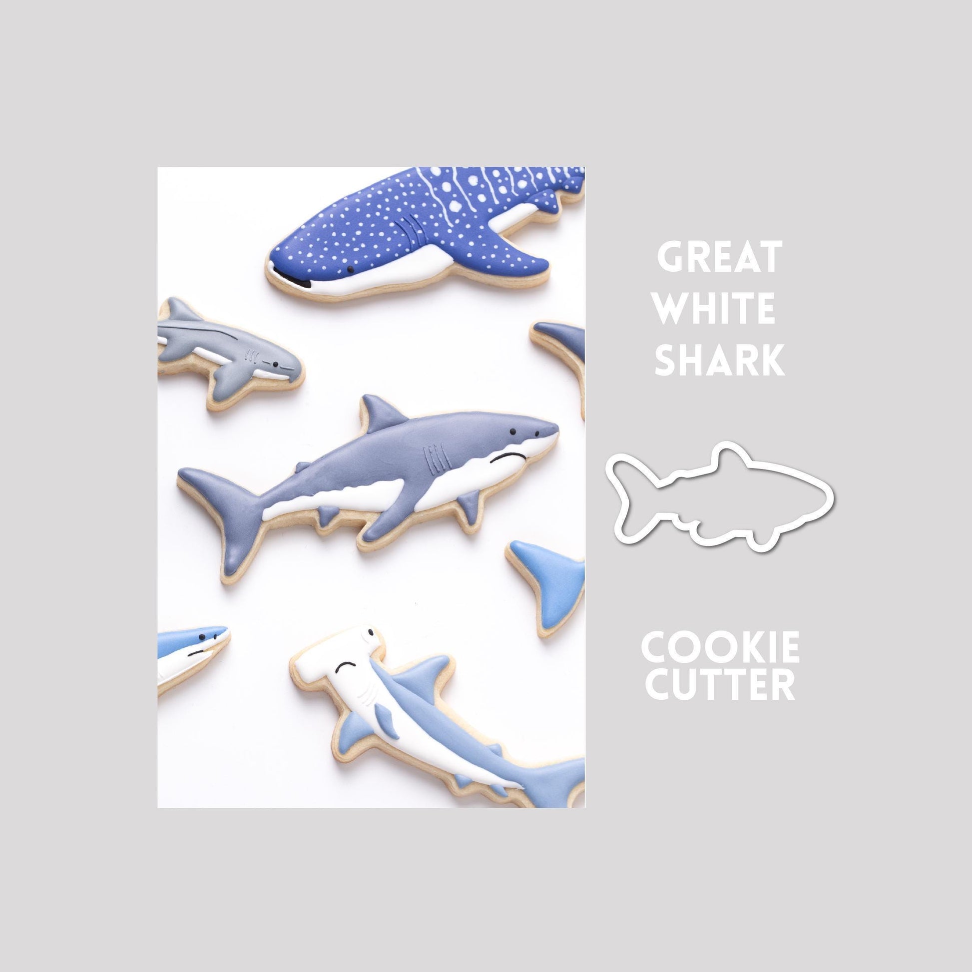 Decorated great white shark sugar cookie next to a great white shark cookie cutter outline on a gray background.