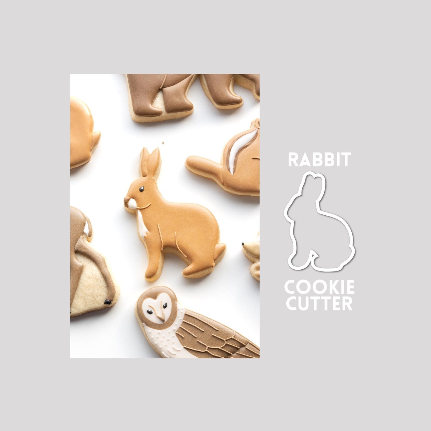 Decorated rabbit sugar cookie next to a rabbit cookie cutter outline on a gray background.