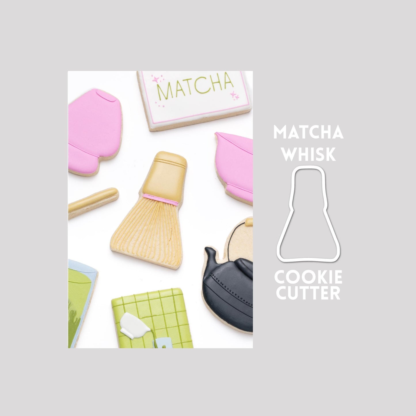 Decorated matcha whisk sugar cookie next to a matcha whisk cookie cutter outline on a gray background.
