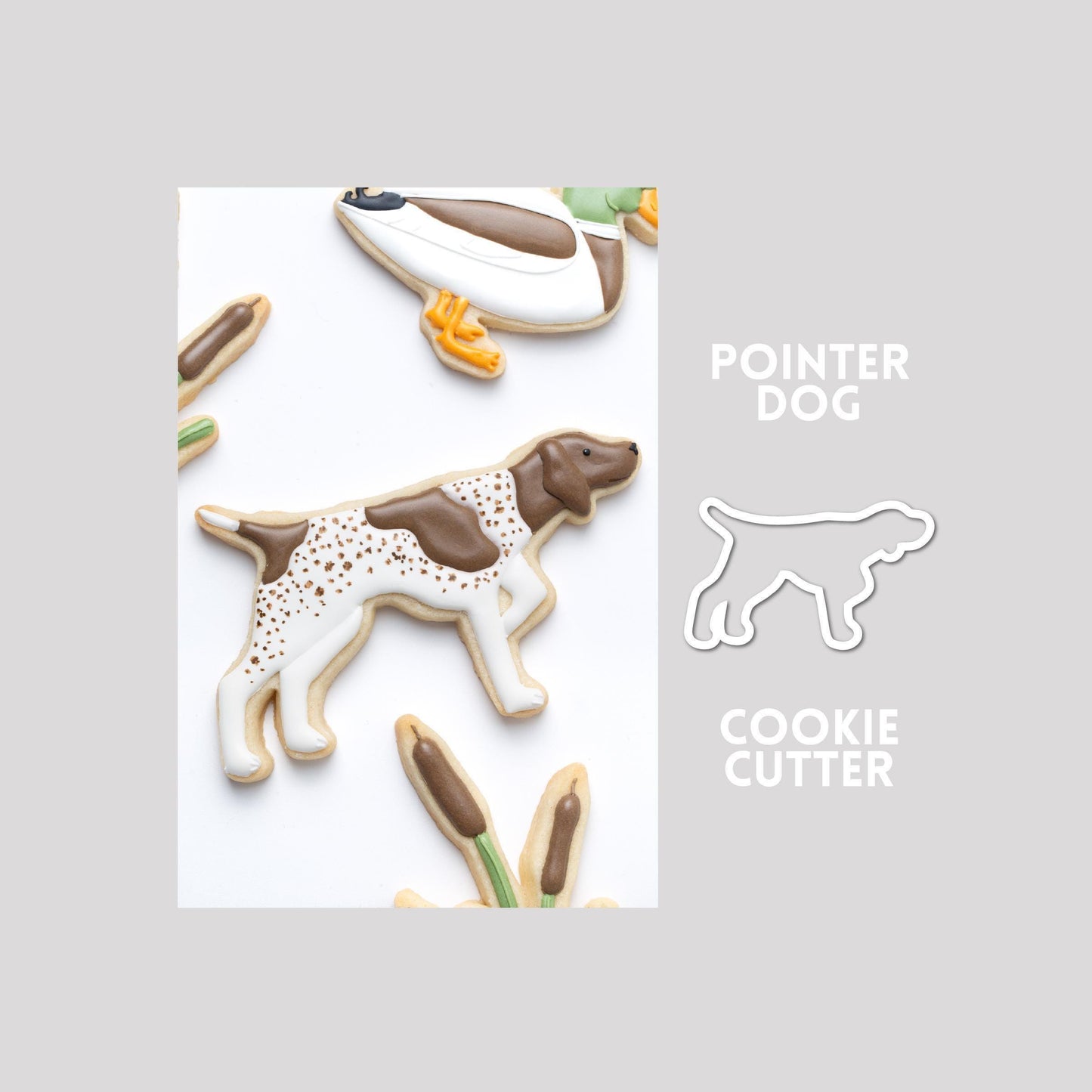 Decorated pointer dog sugar cookie next to a pointer dog cookie cutter outline on a gray background.