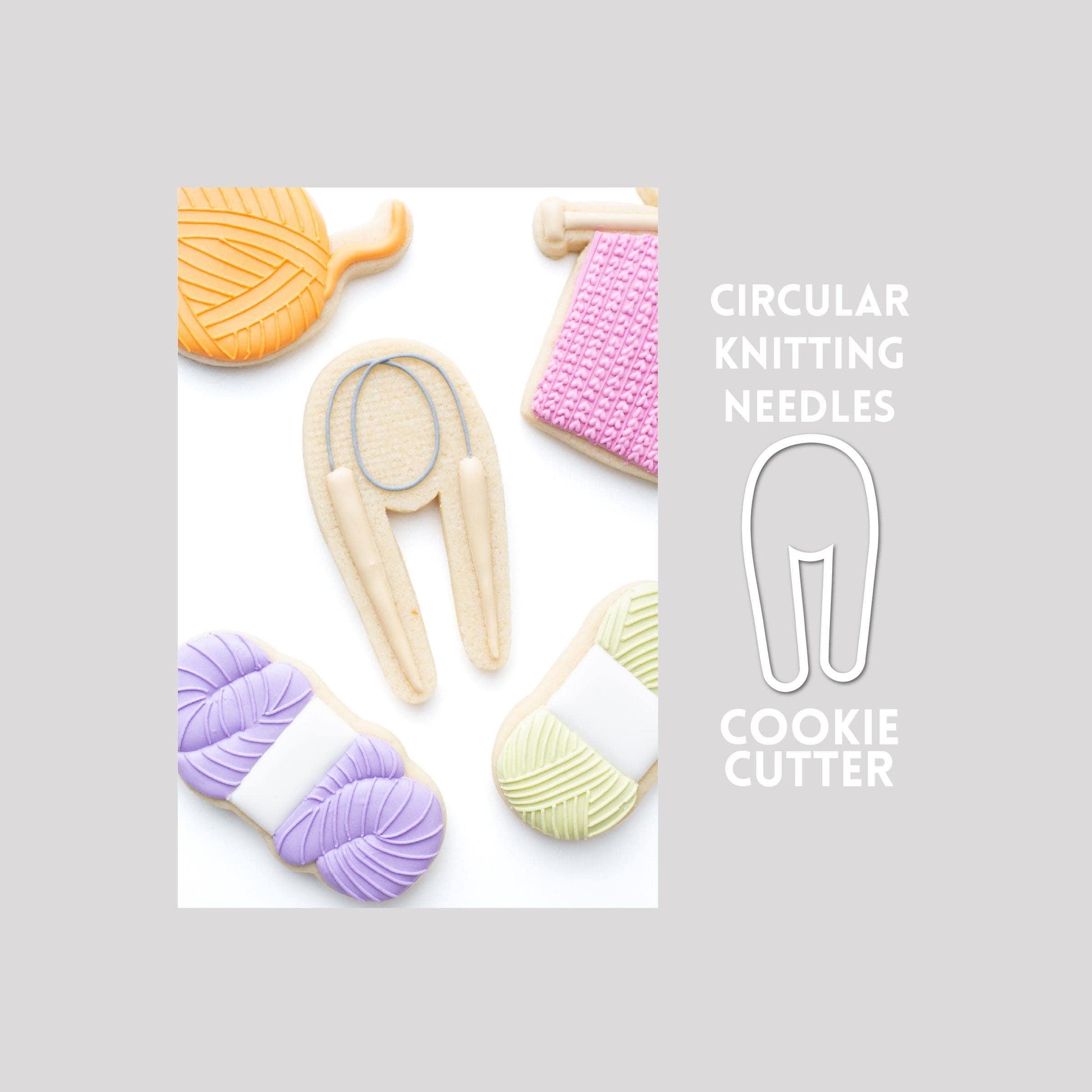 Decorated circular knitting needles sugar cookie next to a circular knitting needles cookie cutter outline on a gray background.