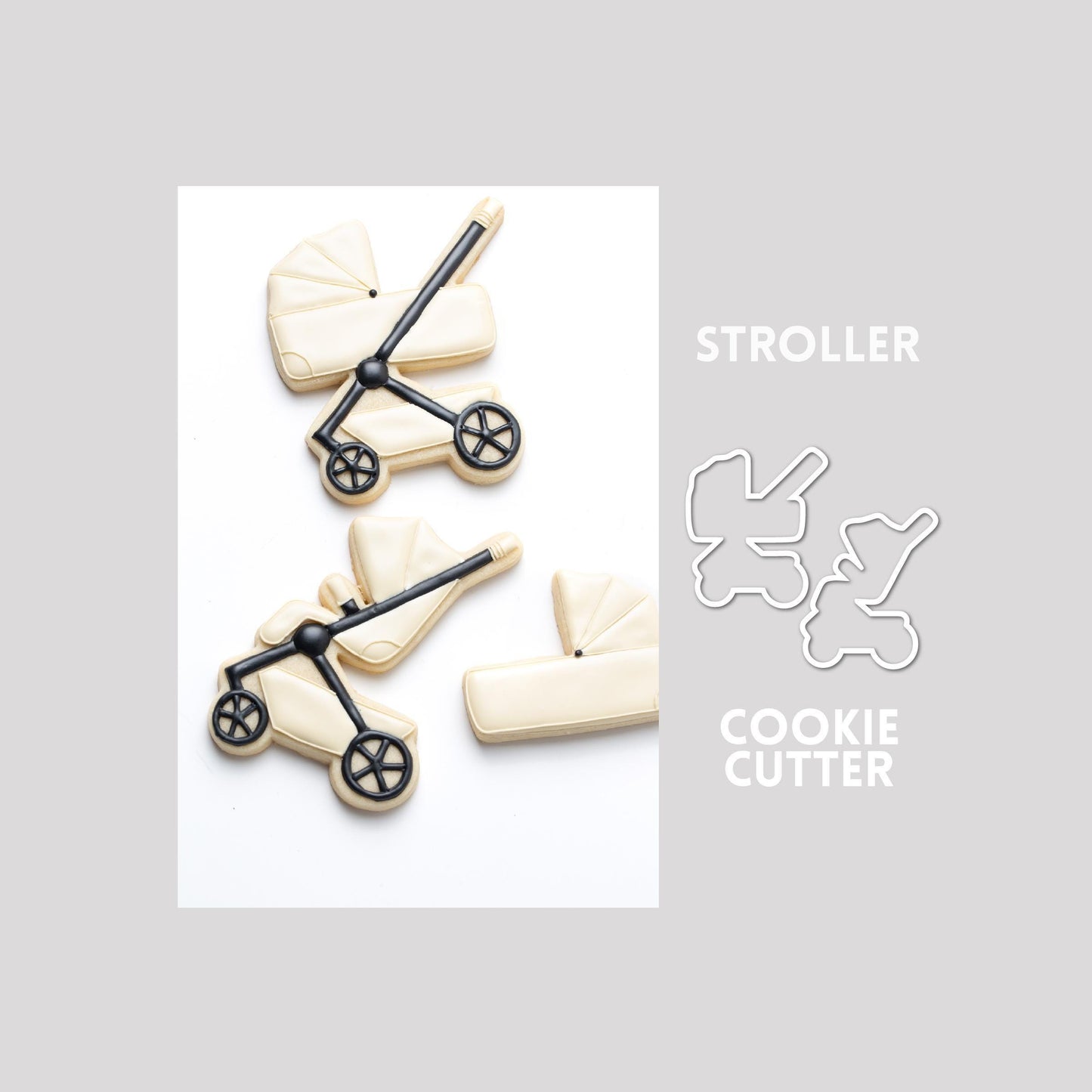 Decorated stroller sugar cookie next to a stroller cookie cutter outline on a gray background.