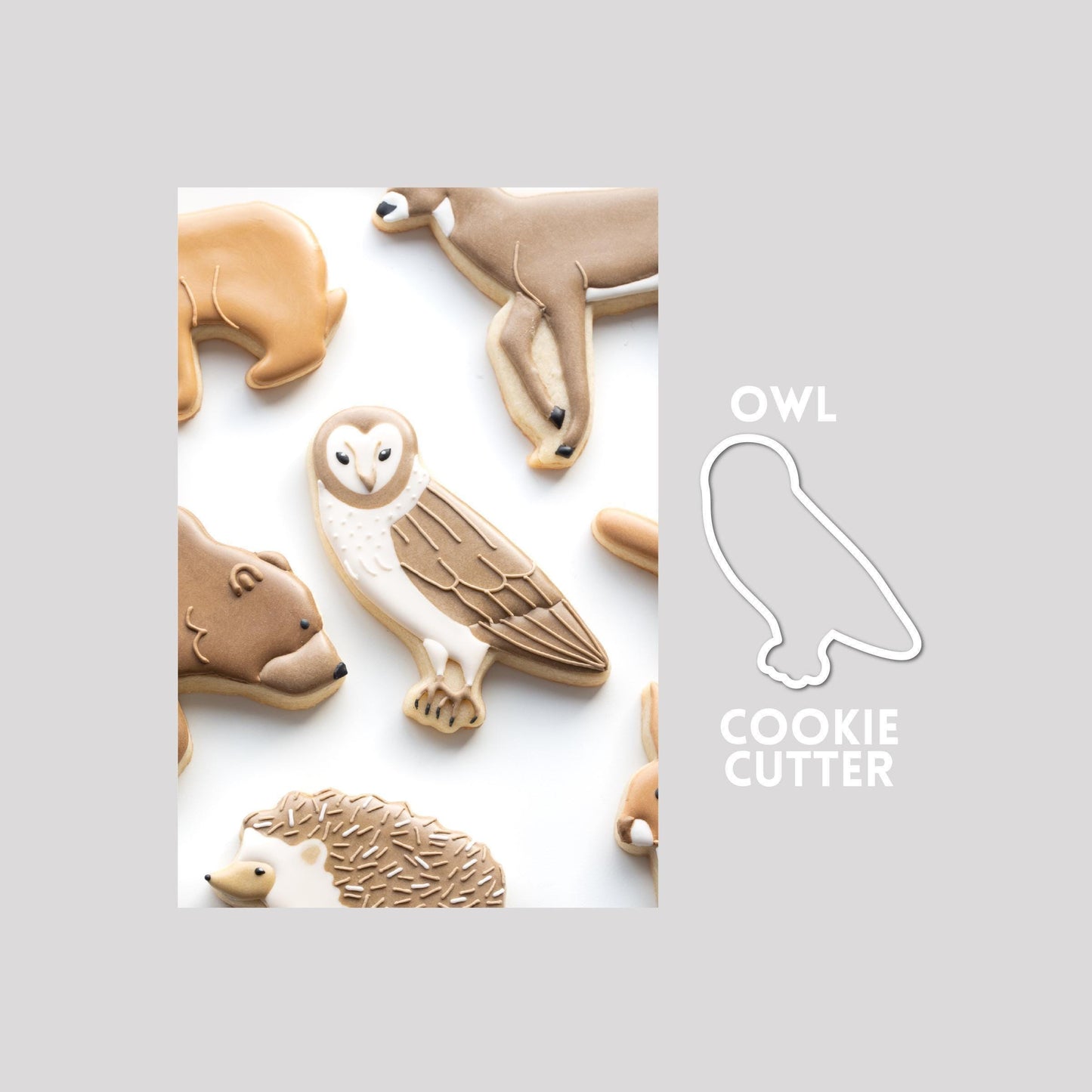 Decorated owl sugar cookie next to a owl cookie cutter outline on a gray background.