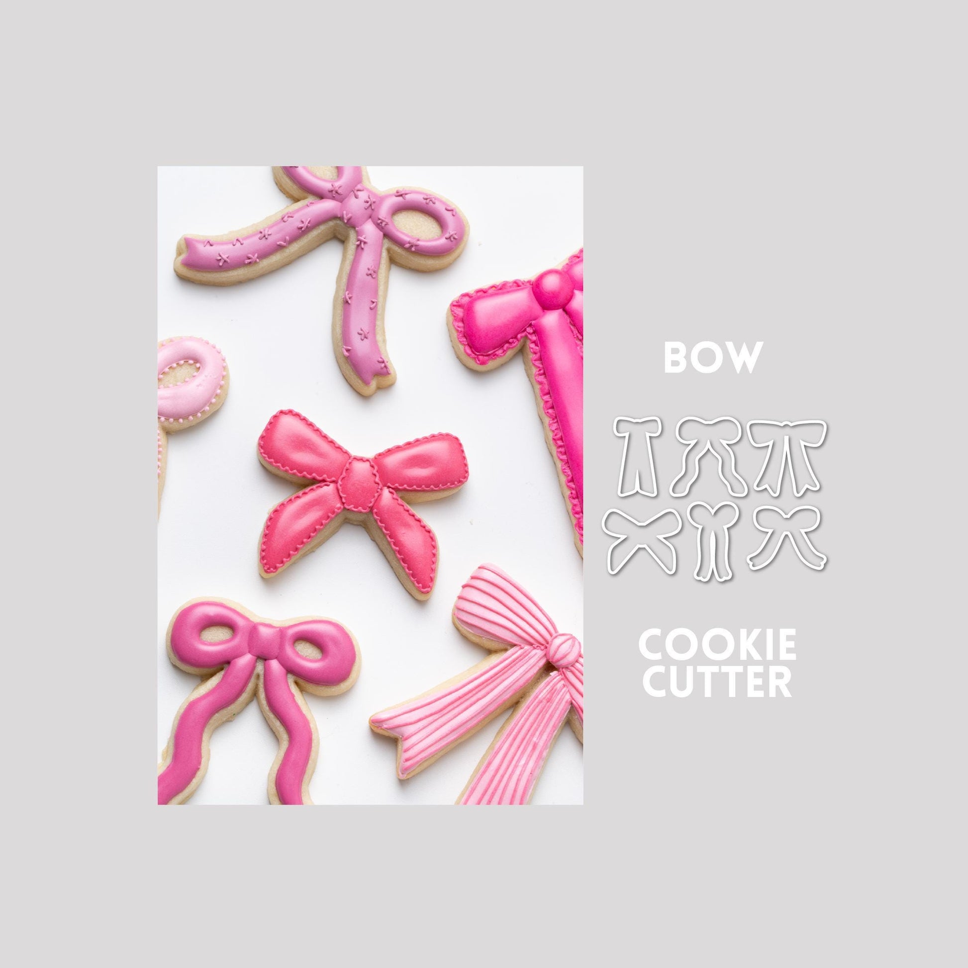 Decorated bow sugar cookies next to bow cookie cutter outlines on a gray background.
