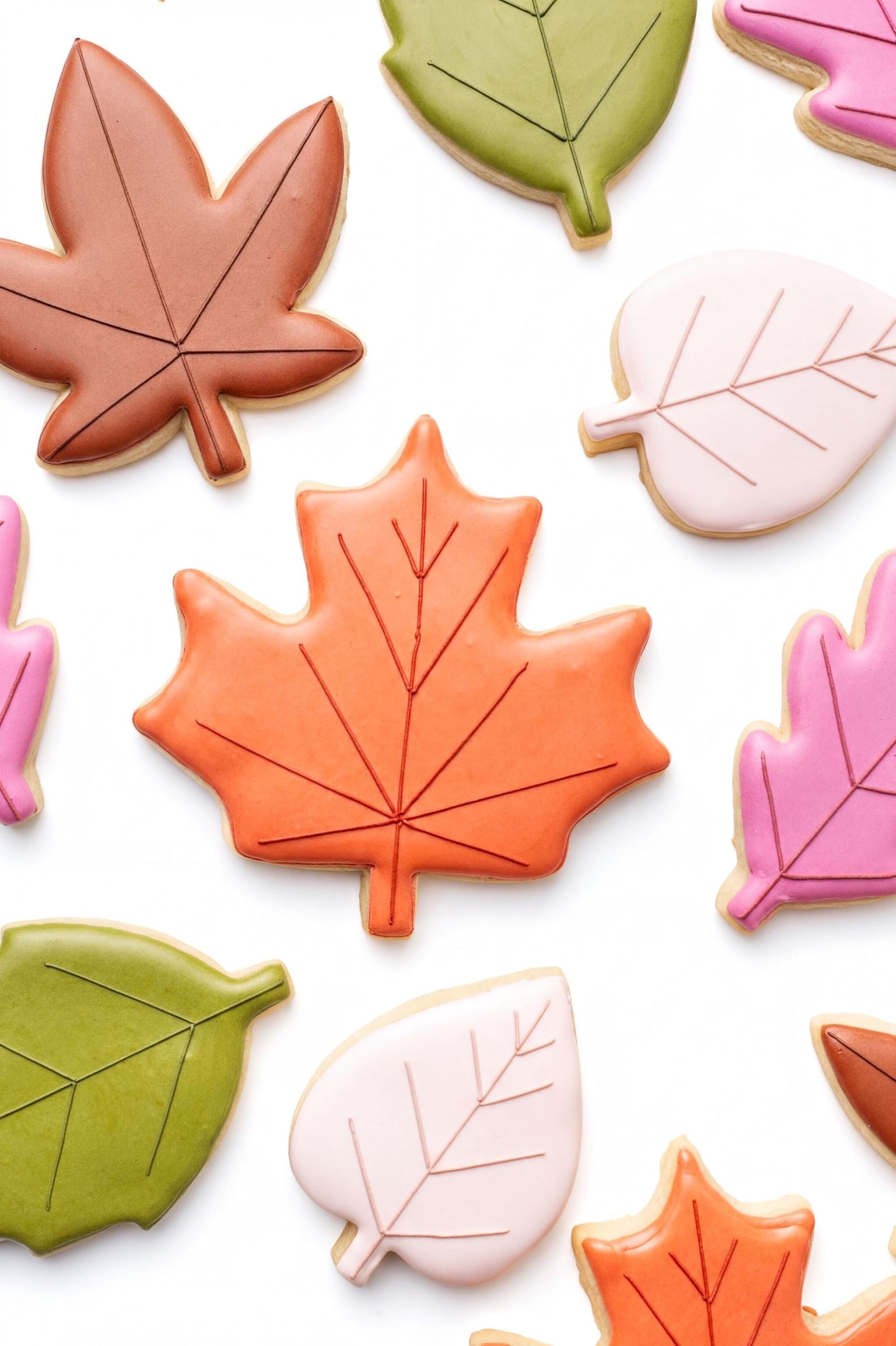 a variety of colorful, frosted cookies shaped like leaves, including maple leaves, maple leaf-shaped cookies, and other autumn-themed cookies.