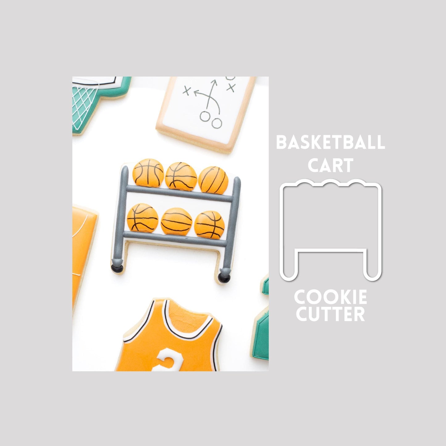 Decorated basketball cart sugar cookie next to a basketball cart cookie cutter outline on a gray background.