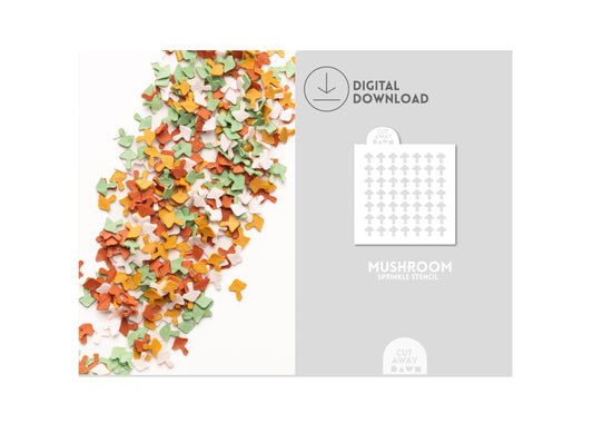 Mushroom sprinkles next to a mushroom sprinkle stencil.