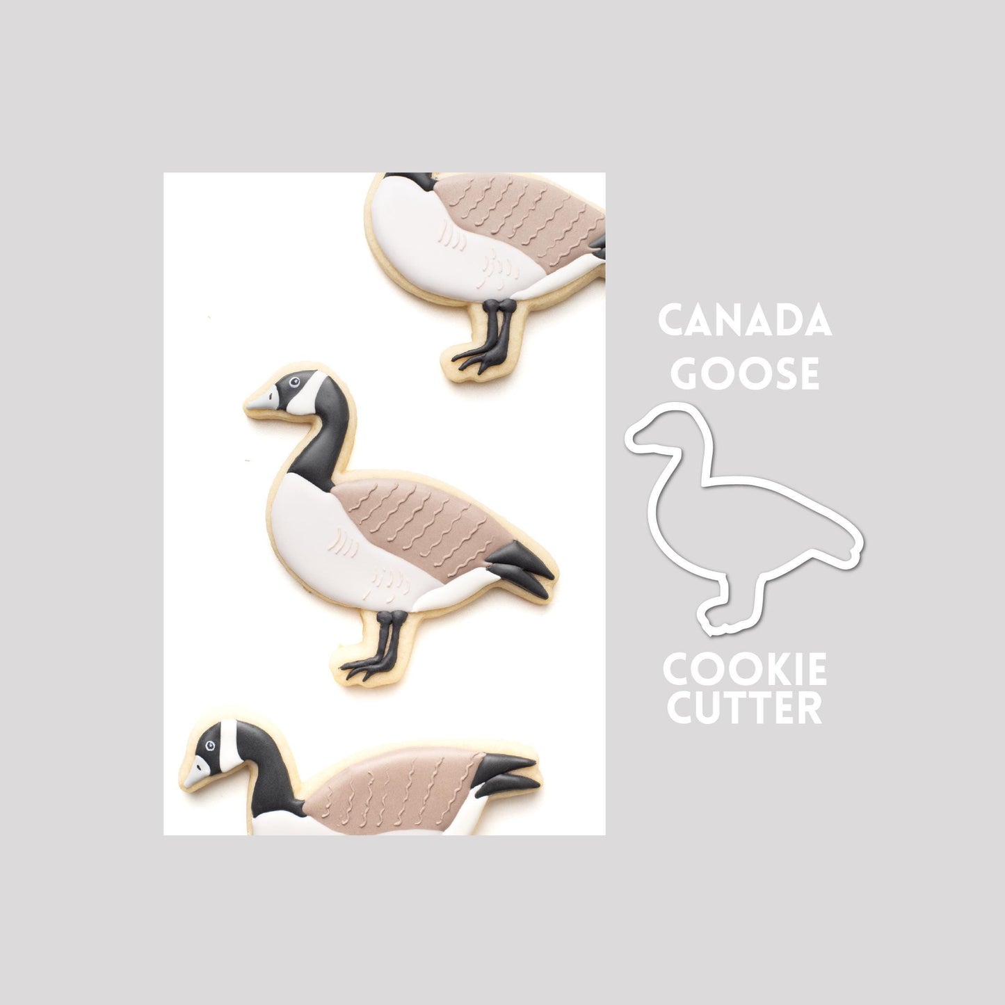 Decorated Canada Goose sugar cookie next to a Canada Goose cookie cutter outline on a gray background.