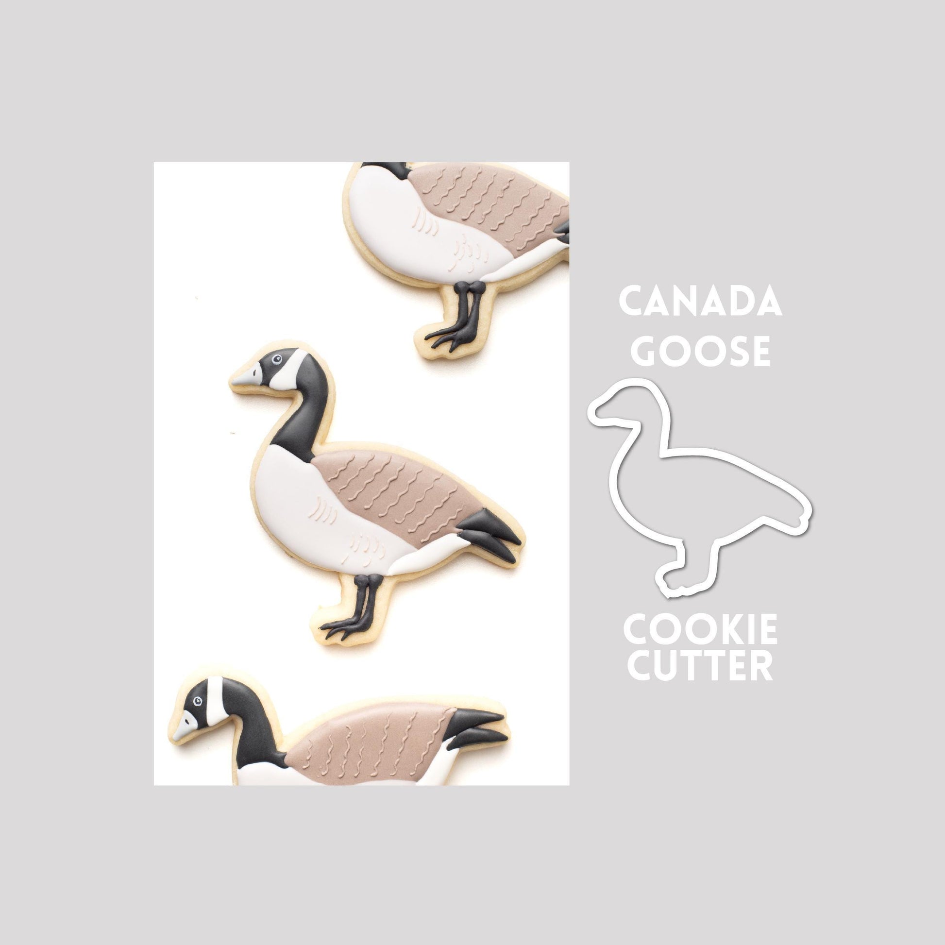 Decorated Canada Goose sugar cookie next to a Canada Goose cookie cutter outline on a gray background.