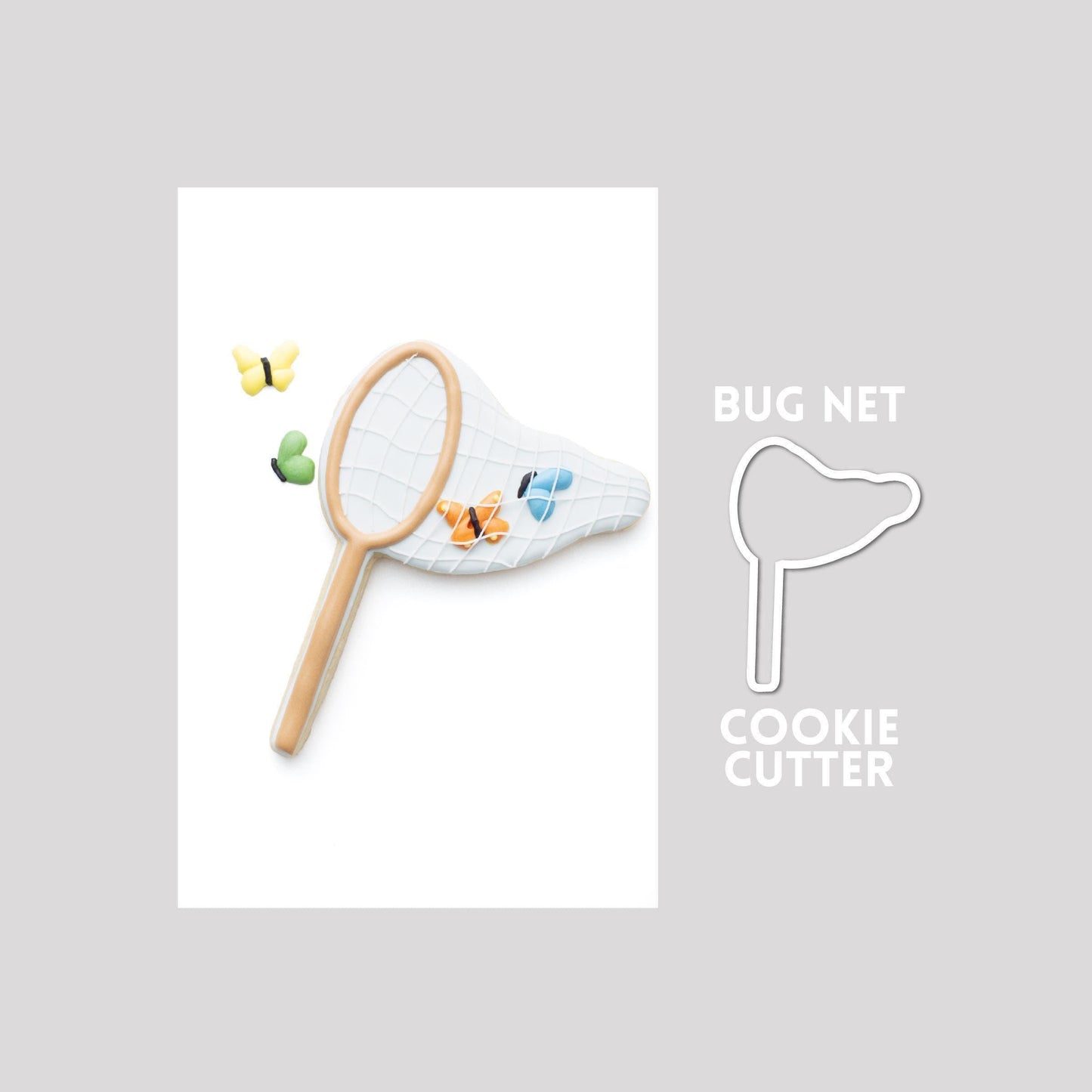 Decorated bug net sugar cookie next to a bug net cookie cutter outline on a gray background.