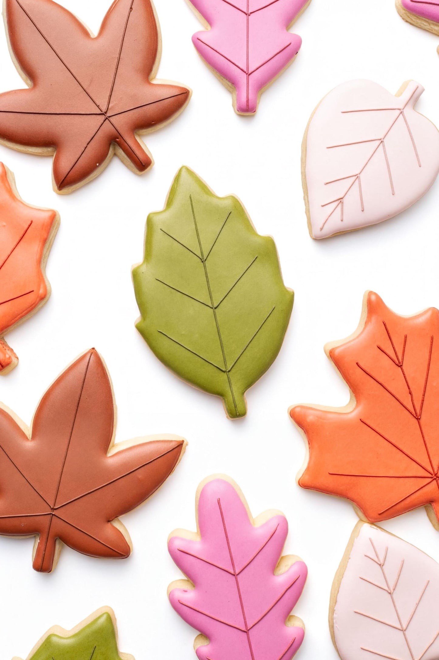 a variety of colorful and decorated cookies shaped like leaves, including maple leaves and autumn leaves in shades of green, pink, and orange.