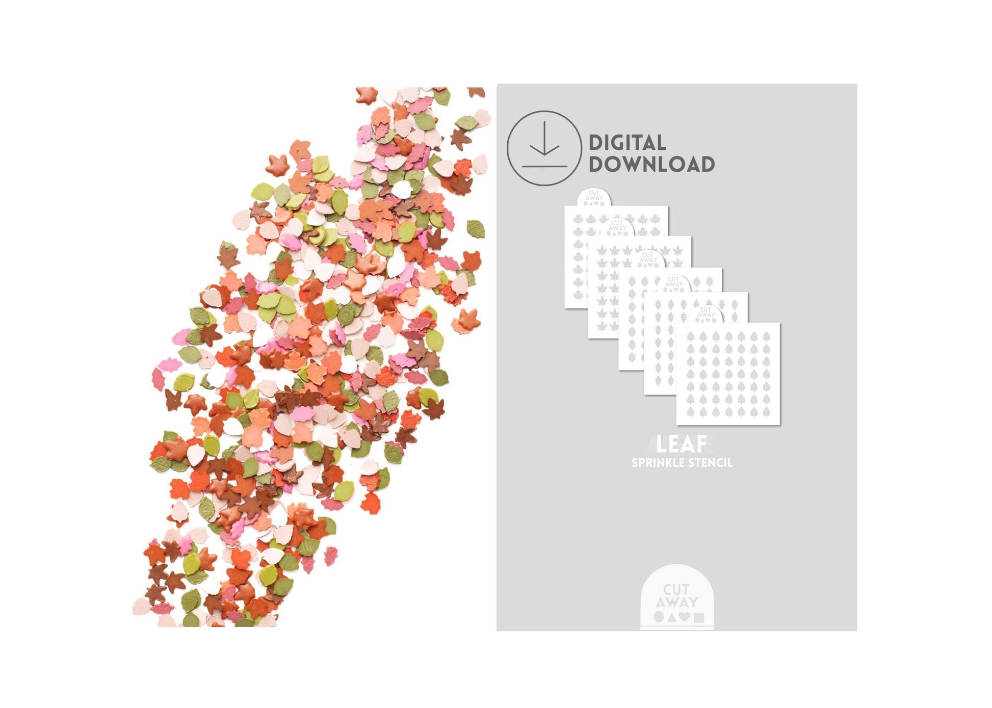 Leaf sprinkles next to a leaf sprinkle stencils.