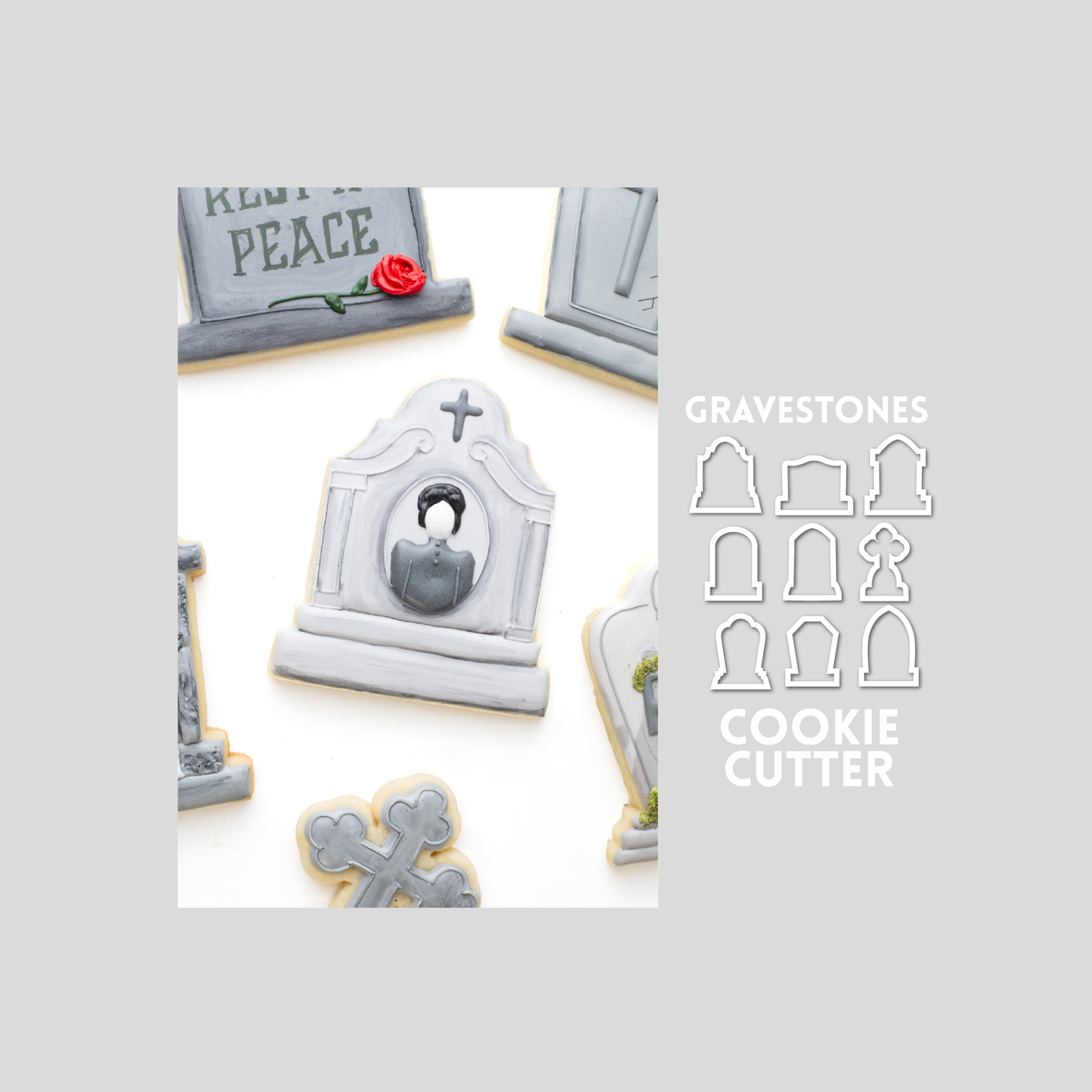 Decorated gravestone sugar cookie next to a gravestone cookie cutter outline on a gray background.