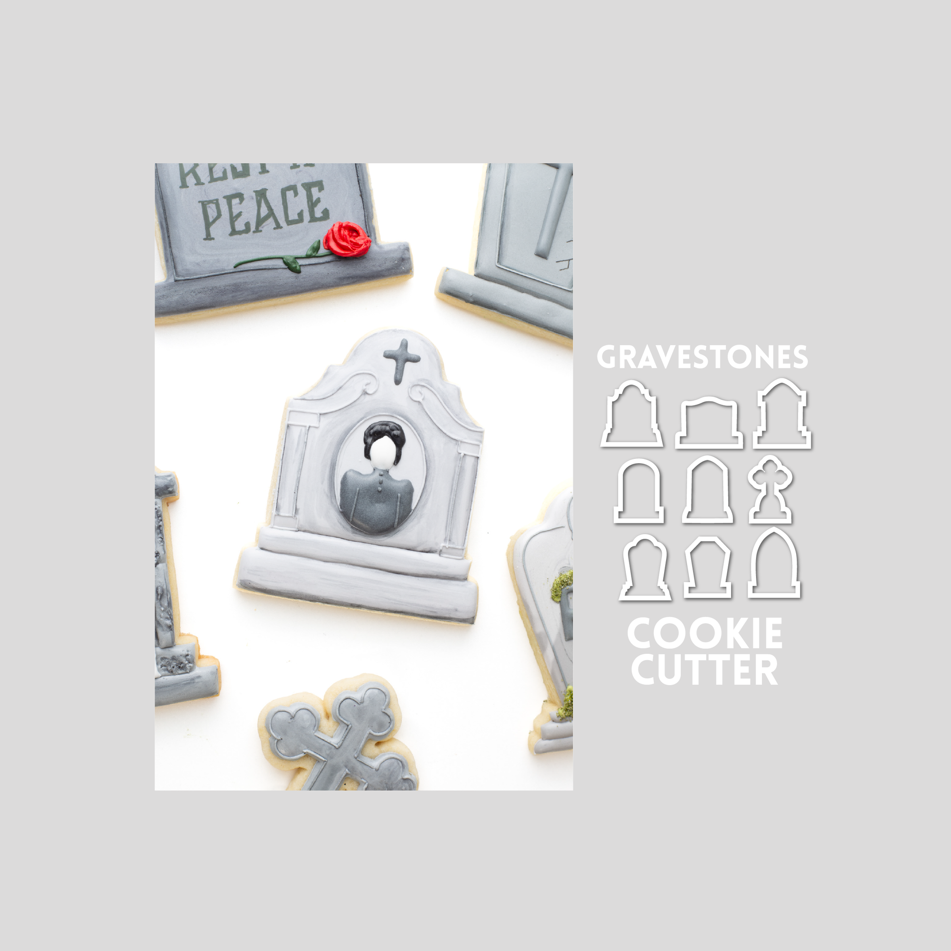 Decorated gravestone sugar cookie next to a gravestone cookie cutter outline on a gray background.