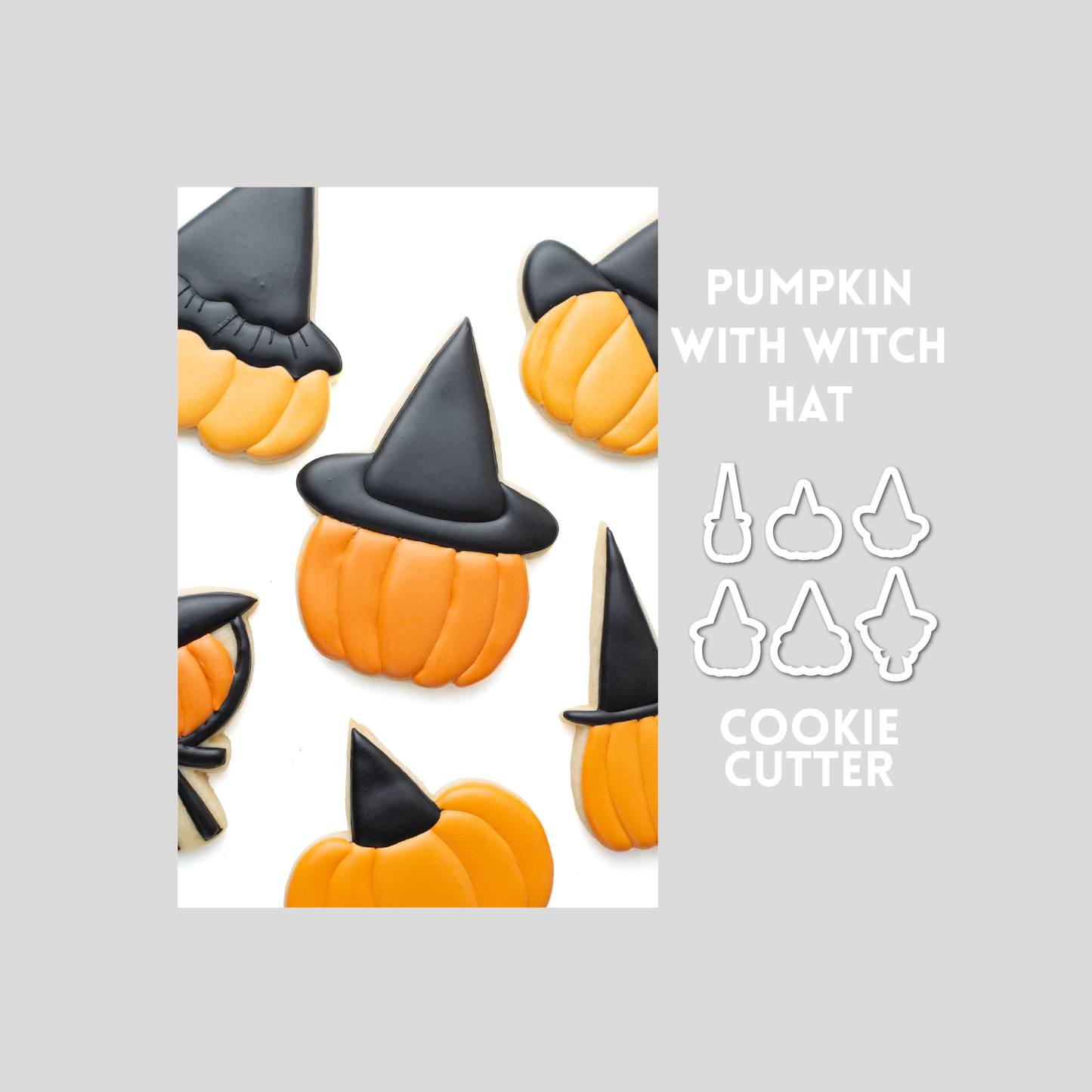 Decorated pumpkin with witch hat sugar cookie next to a pumpkin with witch hat cookie cutter outline on a gray background.