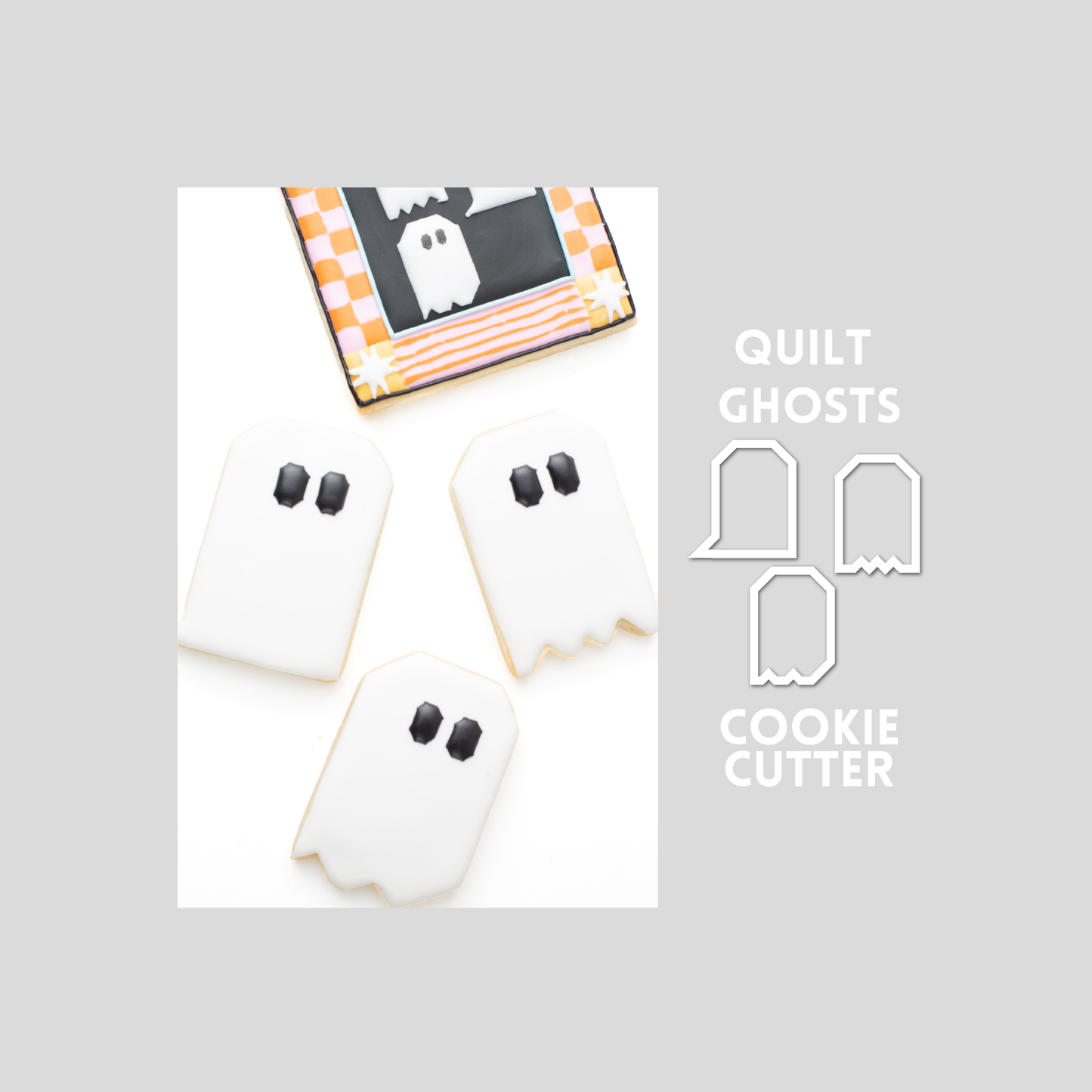 Quilt block ghost decorated sugar cookies next to a quilt block ghost cookie cutter outline on a gray background.
