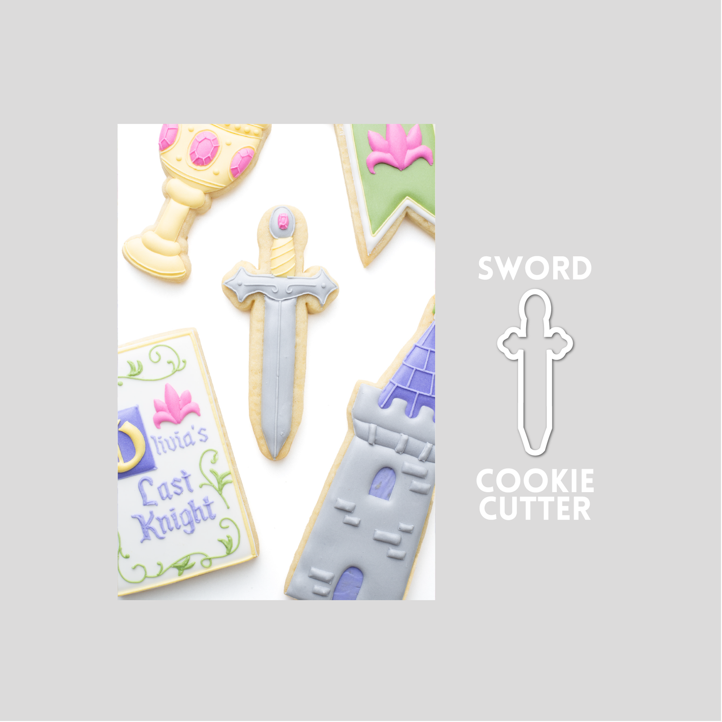 Decorated sword sugar cookie next to a sword cookie cutter outline on a gray background.