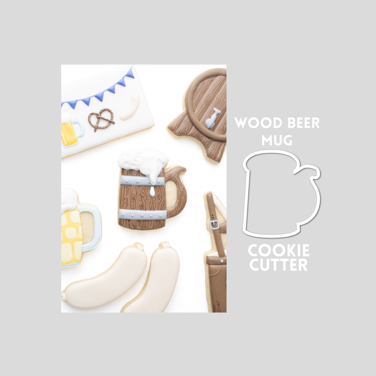 Decorated wood beer stein sugar cookie next to a wood beer stein cookie cutter outline on a gray background.